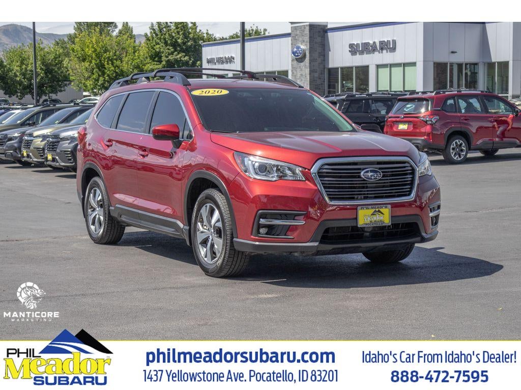 2020 Subaru Ascent Premium in Crimson Red Pearl — front three-quarter view