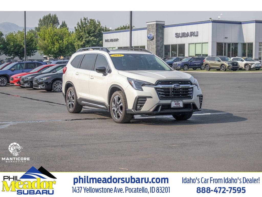 2025 Subaru Ascent Limited in Crystal White Pearl — front three-quarter view