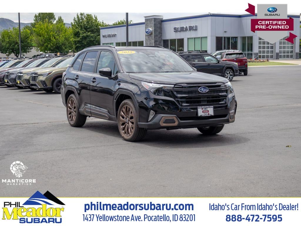 2025 Subaru Forester Sport in Crystal Black Silica — front three-quarter view