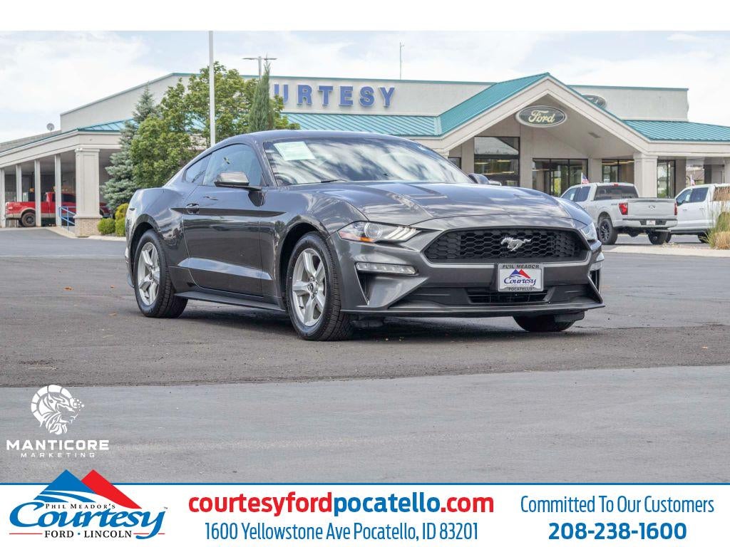 2019 Ford Mustang Ecoboost Coupe in Gray — front three-quarter view