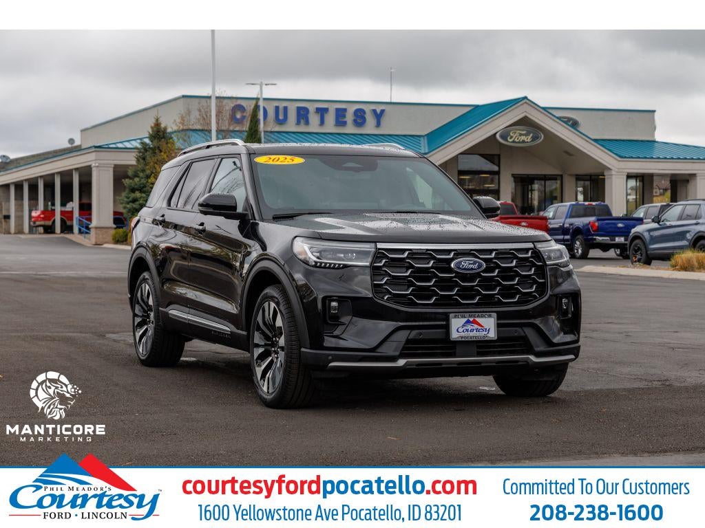 2025 Ford Explorer Platinum in Black — front three-quarter view