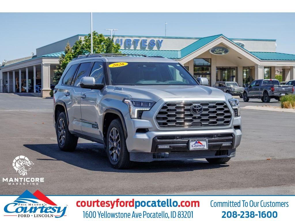 2026 Toyota Sequoia Platinum in Silver — front three-quarter view